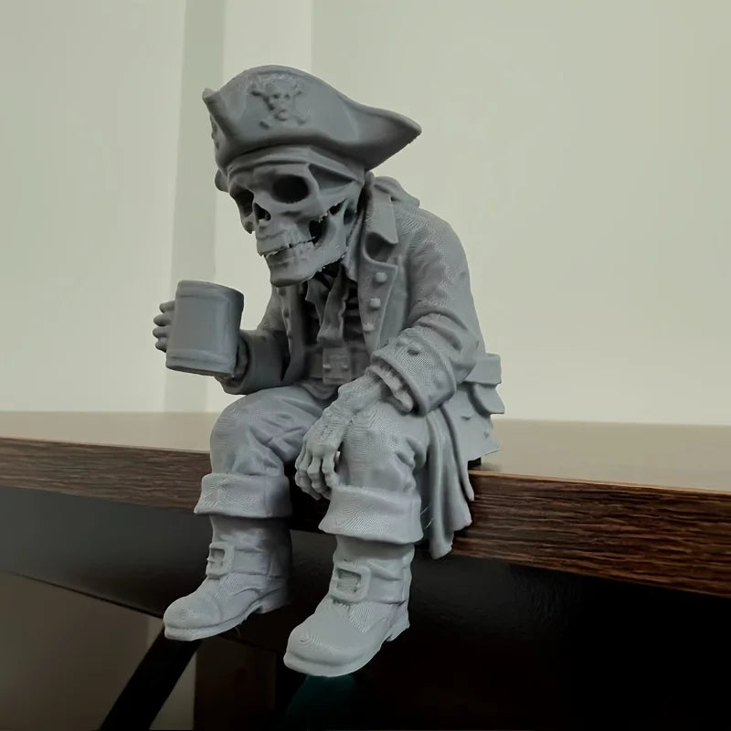 Gothic Pirate Skeleton Figurines Funny Pirate Skeleton Shelf Sitter Figurines Home Desk Bookshelf Ornaments Nautical Style Decor Oasis Select pirate skull Gray
