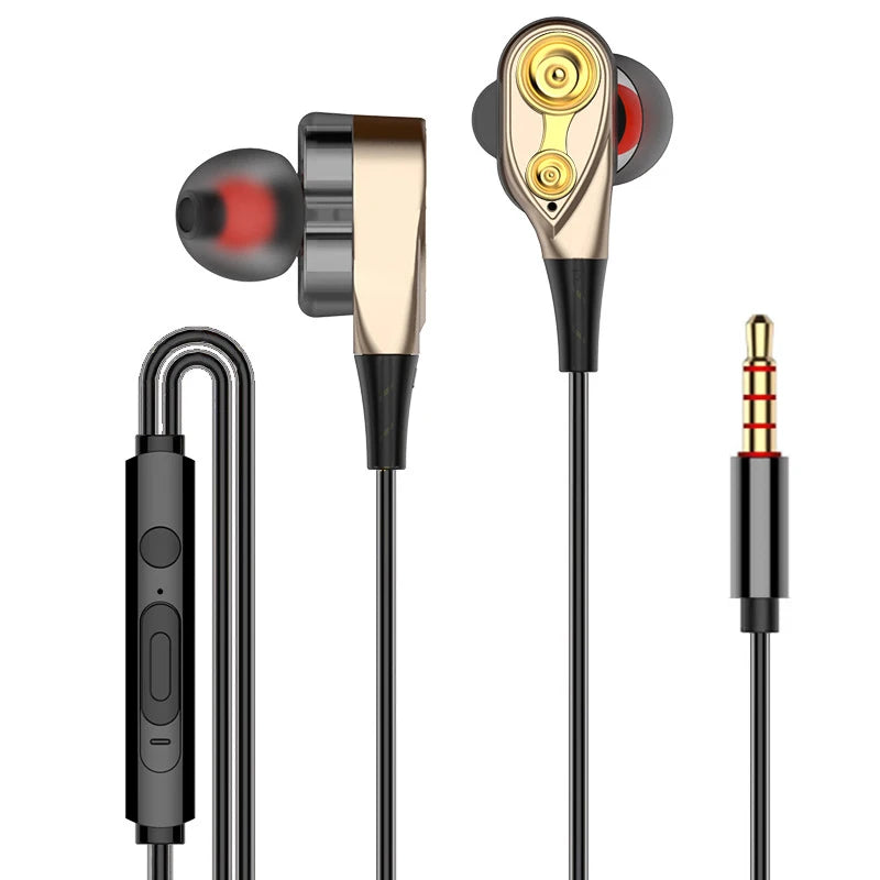 Double Moving Coil Headphones 3.5mm AUX With Mic Dynamic Headset In-Ear Music Gaming Sport Earbuds Bass Surround Shocking Sound Oasis Select Yellow