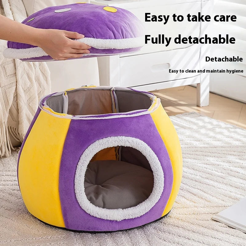 Mushroom Cat Bed Thickened and Warm in Winter, Rabbit Plush Detachable and Washable Pet Bed, Round Bed Small Dog Bed Products Oasis Select