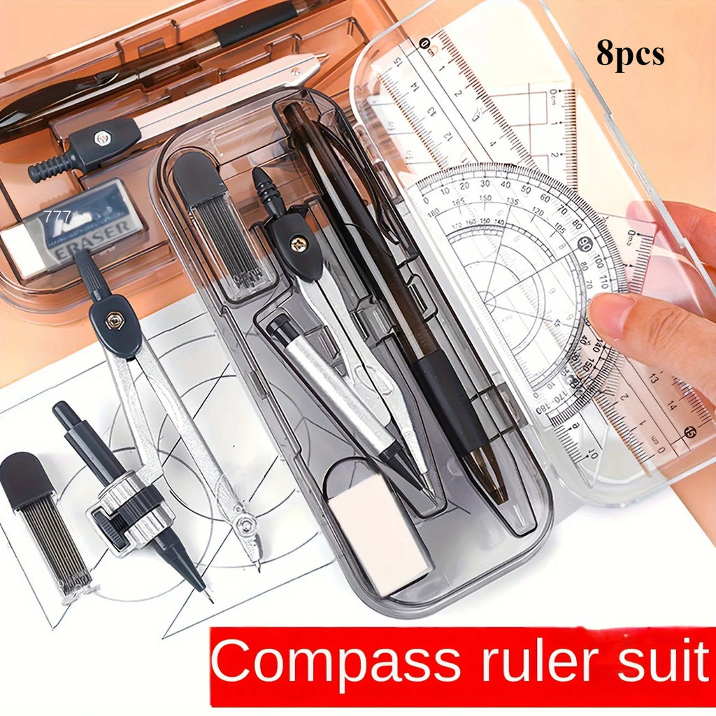 8PCS Drawings for Geometry School Compasses, Mechanical Pencils, Protractors, Rulers, and Tripods, with Storage Boxes Oasis Select