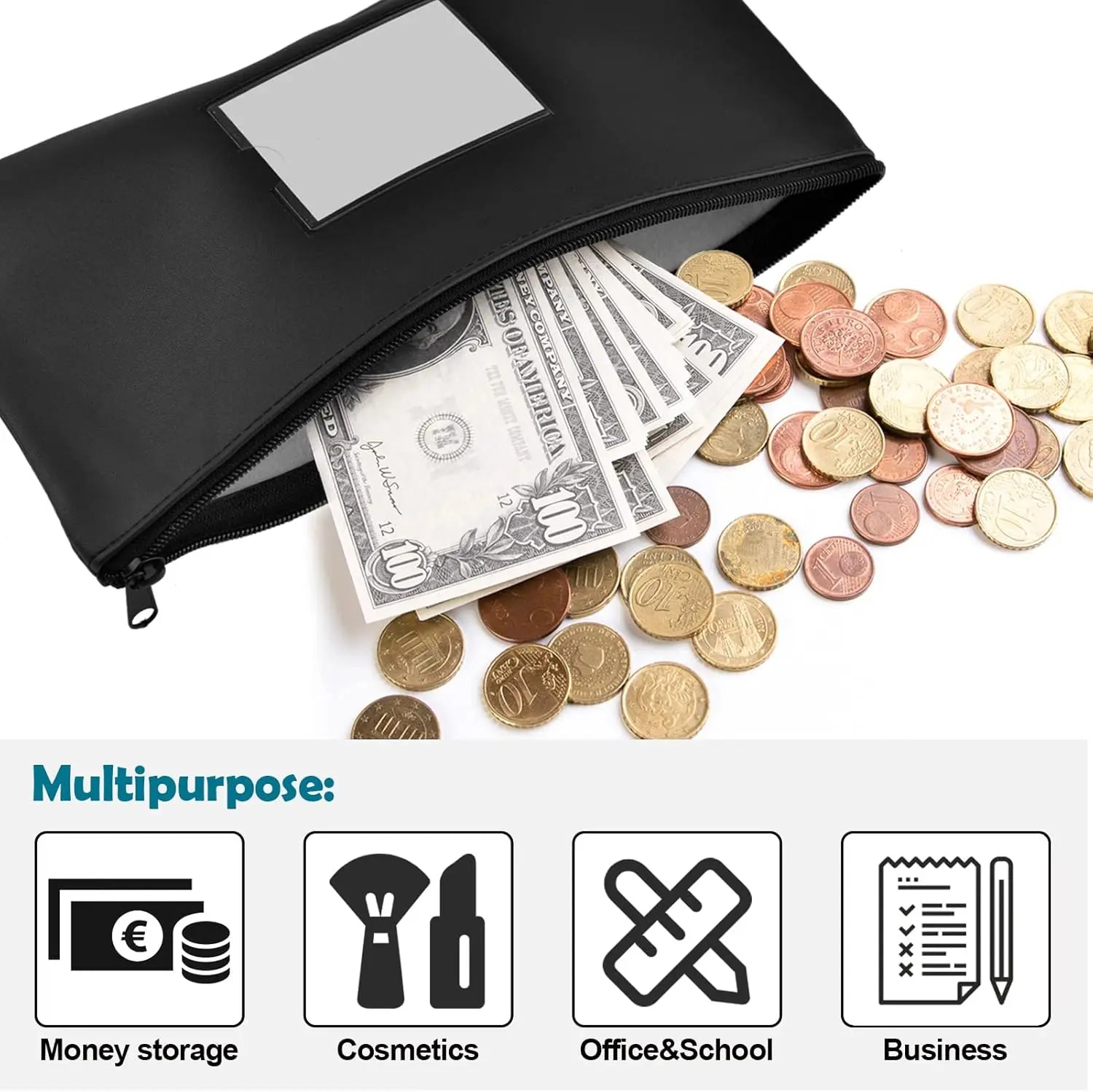 Multi-Purpose Money Bag Coin Purse with Zipper PU Leather Organizer Bag with Write-on Label Random Color for Makeup Cash Tools Oasis Select