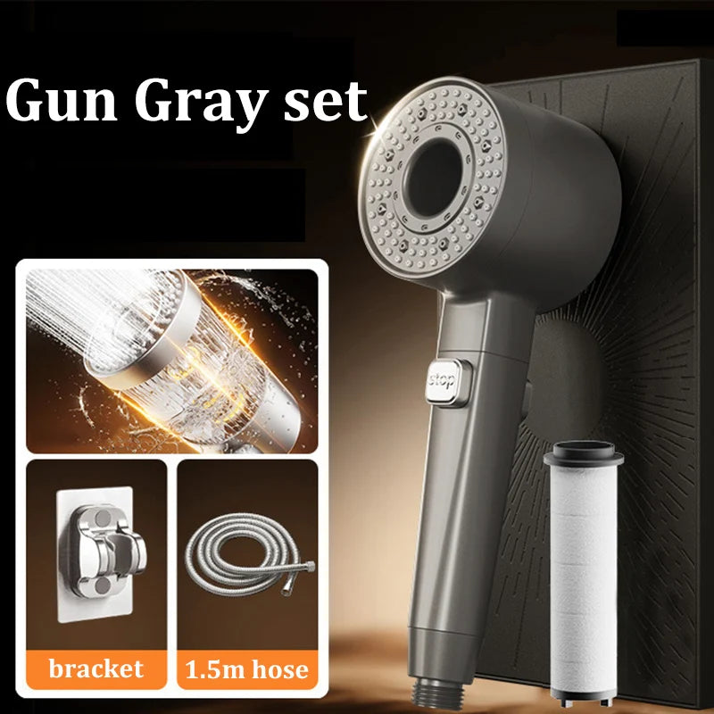 Filtered Super-pressurized Shower Head Five-speed Handheld Hollow Large Water Outlet Bathroom Shower Head Set Oasis Select Gun Gray Set