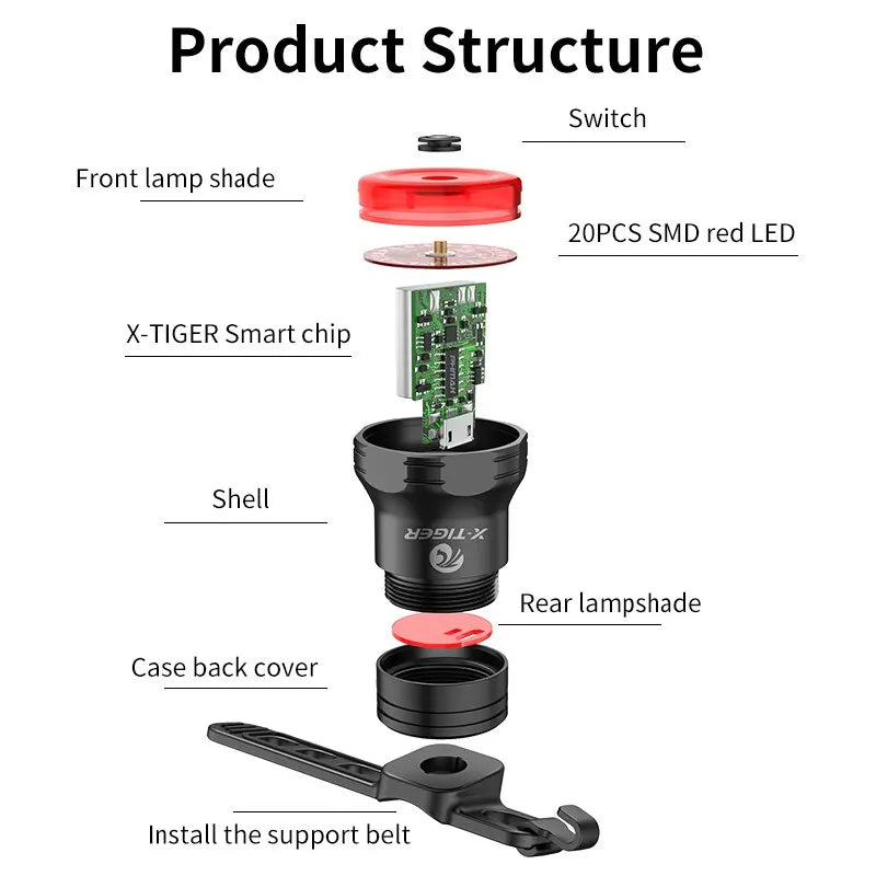 X-TIGER Bike Rear Light Smart Brake Sensing Light Bicycle Tail Light IPX6 Waterproof LED Charging Taillight Cycling Accessories Oasis Select
