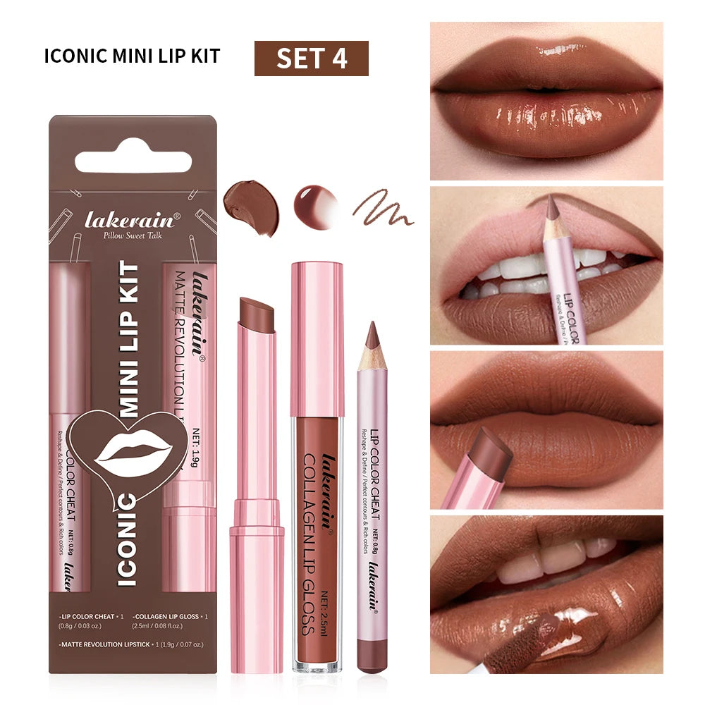 3-in-1 Mini Lip Kit – Lip Liner, Lipstick & Lip Gloss Set Lip Makeup Set Oasis Select set4