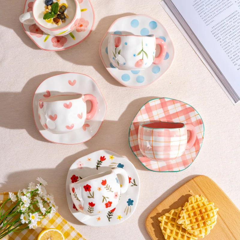 300ML Ceramic Mug Flower Heart Pattern Cute Hand Pinched Irregular Creative Style Coffee Cup Breakfast Milk Afternoon Tea Cups Oasis Select