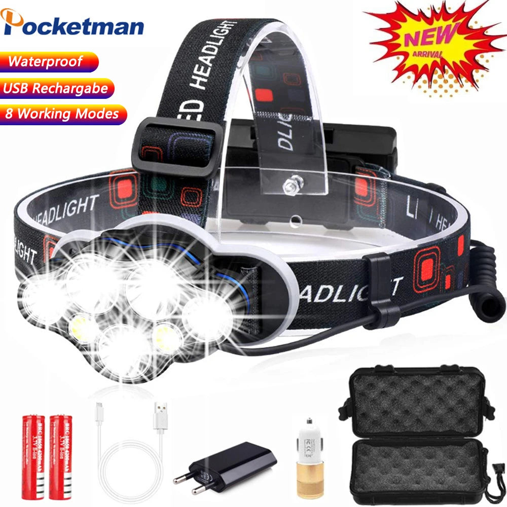 Most Powerful 7 LED Headlamp 18650 Rechargeable Headlight Waterproof Head Lamp Super Bright Head Flashlight Oasis Select