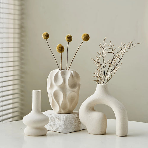 3pcs Bohemian Ceramic Vase Set Modern Minimalist Round & Donut Shape Geometric Pattern Perfect For Fashion Home Decoration Oasis Select