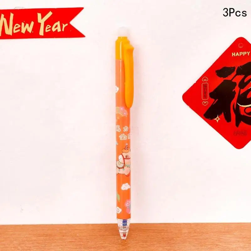 3Pcs Cute Cartoon New Year's Pony Erasable Pen Press Magic Brush Gel Pen Student Stationery Supplies New Year Stationery Gifts Oasis Select A4