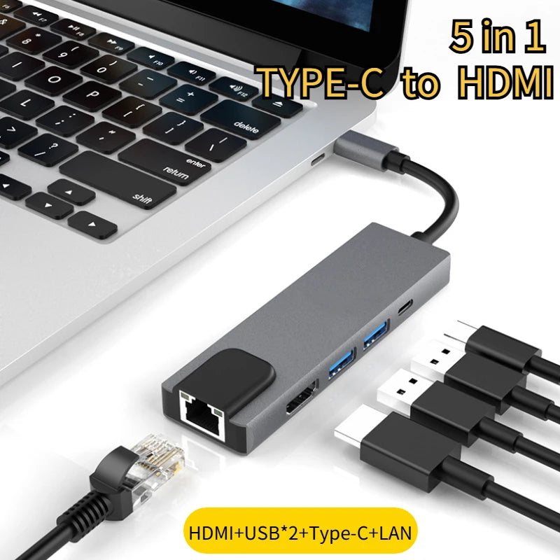 Type-C To 5Ports Docking Station HDMI 4K/RJ45 100M Splitter USB 3.0 5Gbps High Speed USB C 5 in 1 HUB Adapter For Laptop Macbook Oasis Select