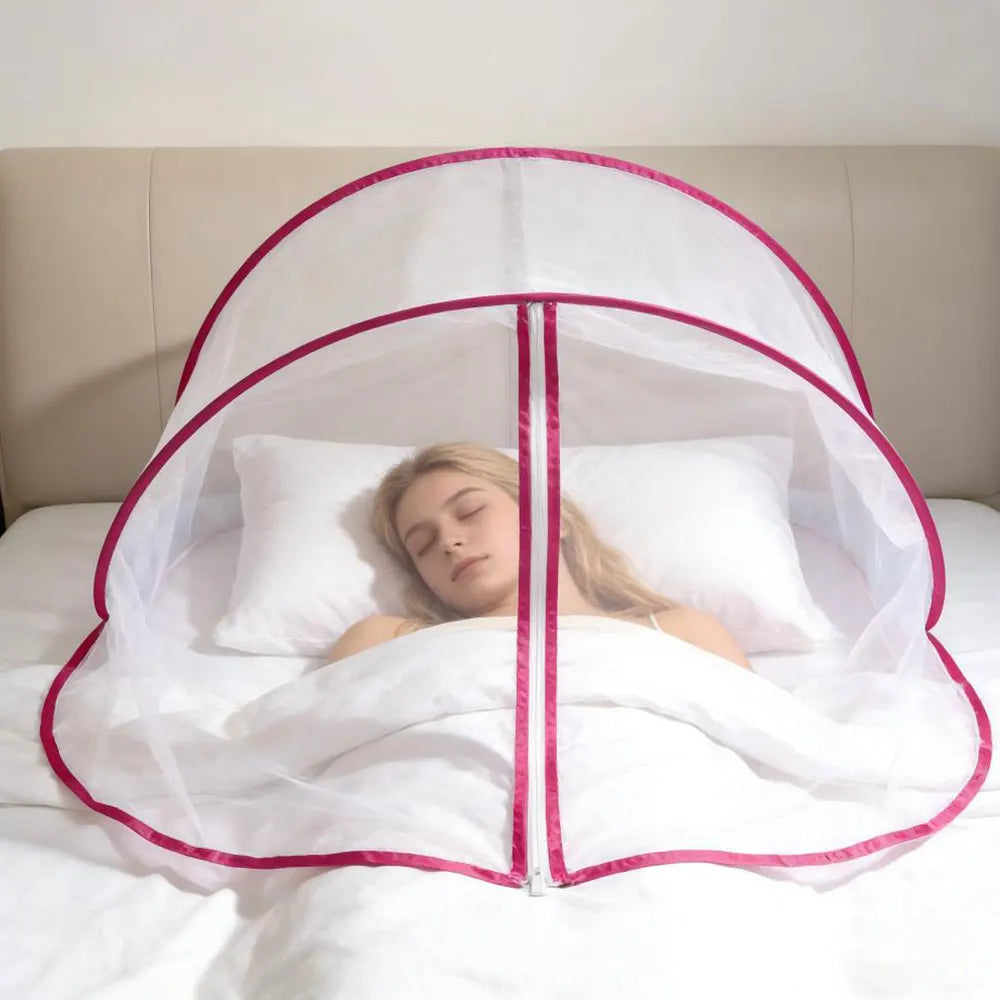 Pop Up Single Head Mosquito Net Foldable Portable Bed Head Tent Zipper Design Bug Barrier For Nap Bedroom Travel Rest Oasis Select Rose Red