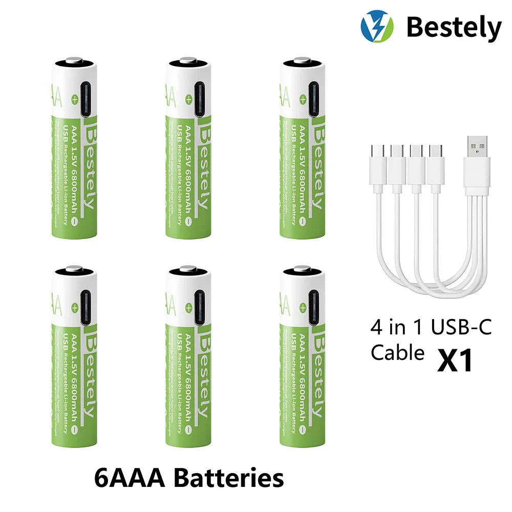 AAA Battery Rechargeable 2000+ Cycles 1.5V 6800mAh Li-ion Type-C Charging Triple Safety Long-Lasting Power Batteries Oasis Select 6 pcs AAA Battery