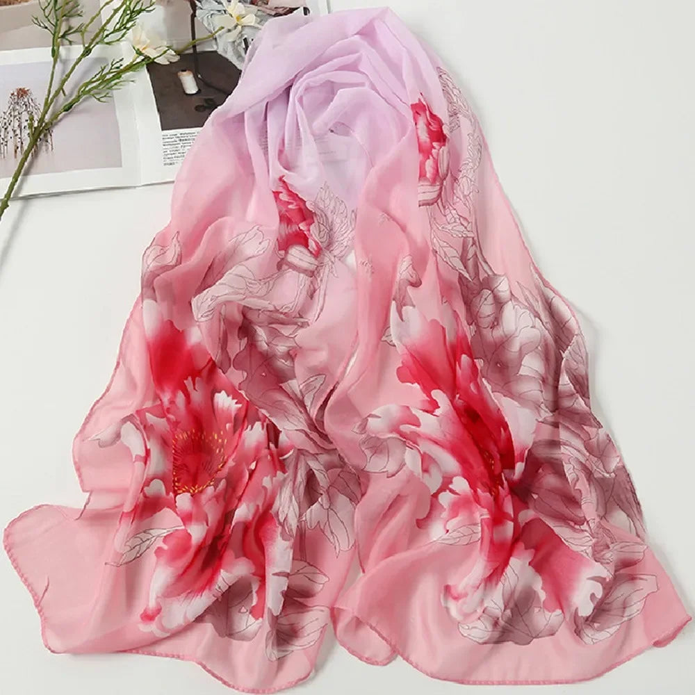 Elegant 160*50cm Chiffon Scarf Sunscreen Gradient Shawl Silk Flower Print Washable Beach Gauze Scarf for Women Oasis Select 17