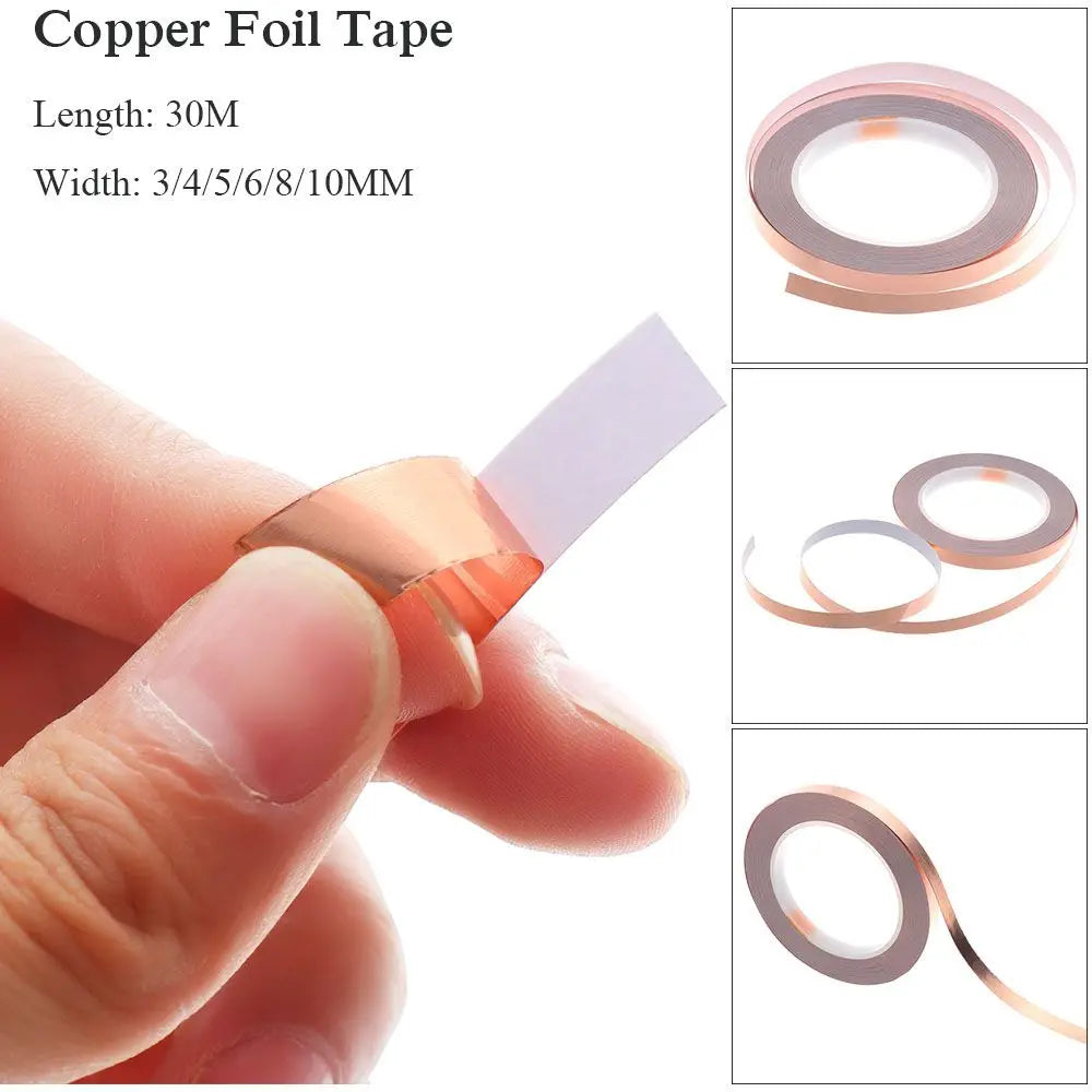 30 Meters Adhesive EMI Shielding Heat Resist Tape Single Side Conductive Copper Foil Tape Strip 3mm 4mm 5mm 6mm 8mm 10mm Oasis Select