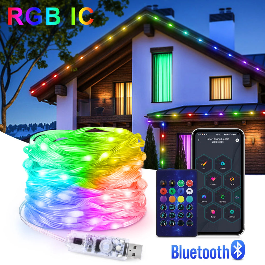 5/10/20m RGBIC Garland Light USB LED Copper Wire Fairy String Lights Home Holiday New Year Christmas Tree Wedding Decorative Oasis Select