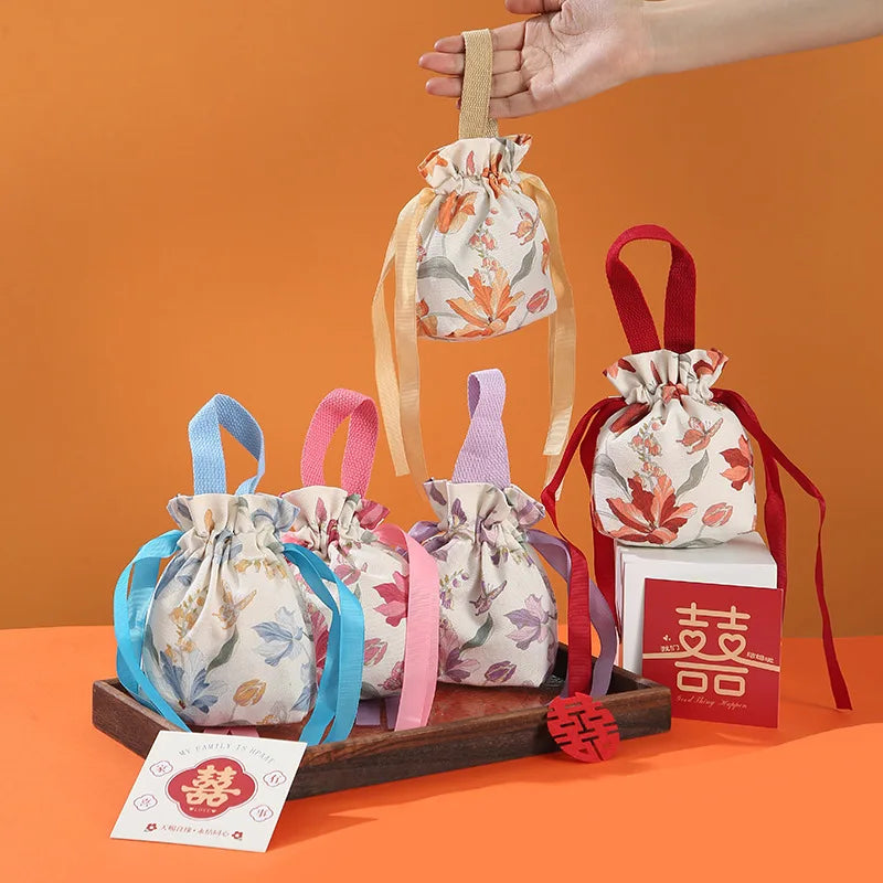 Retro Flower Drawstring Candy Bag | Wedding & Party Gift Pouch