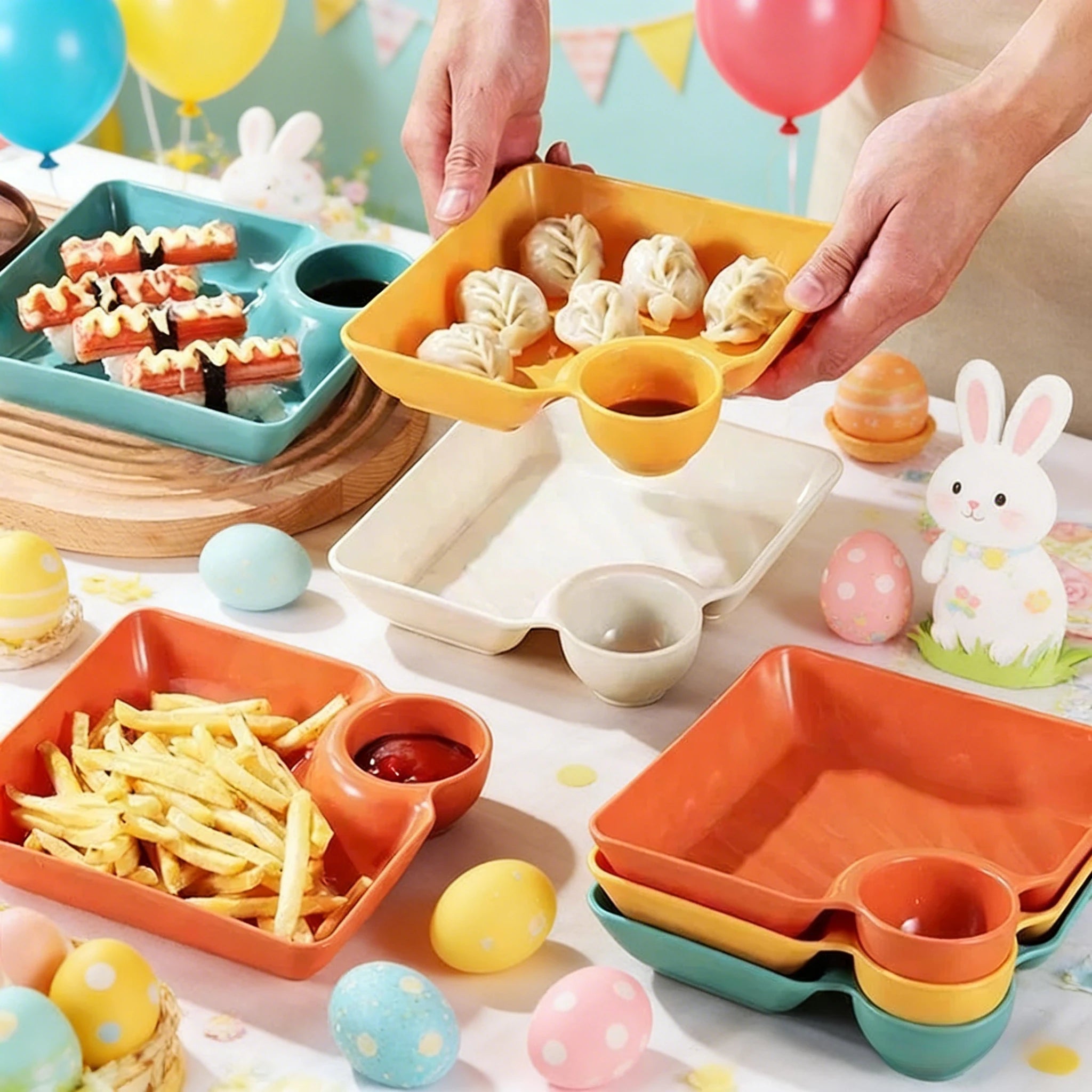 4pcs Easter Themed Chips & Dip Plates, Plastic Dumpling Serving Platter with Dipping Cup, Divided Snack Dishes for Appetizer Oasis Select