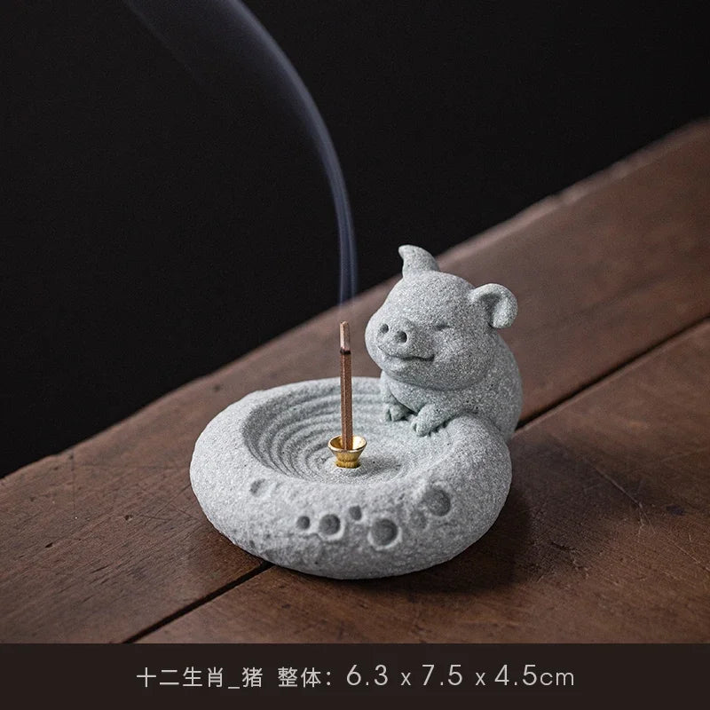 Blue Sand Stone Twelve Zodiac Tea Ceremony Decoration Aromatherapy Chinese Stove Incense Holder Lovely Table Decoration Oasis Select pig