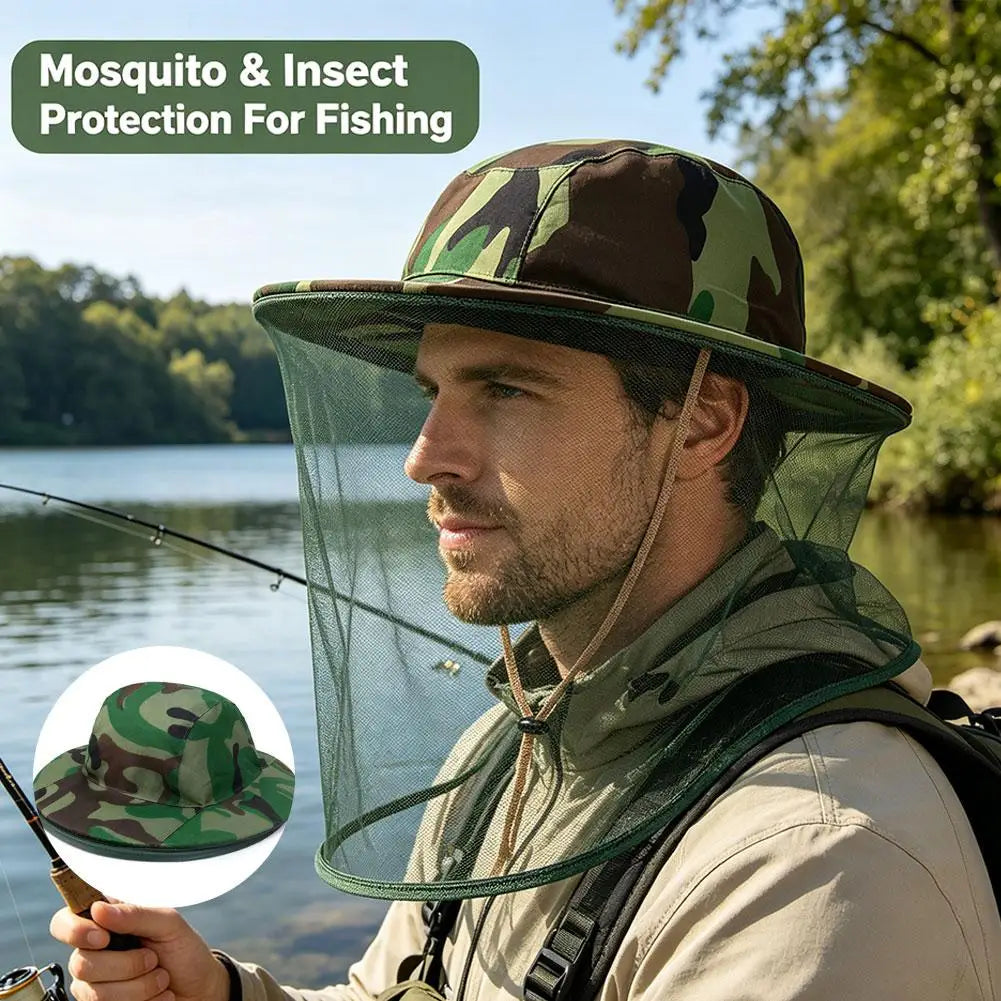 Camouflage Mosquito Head Net Hat – Bug & UV Protection