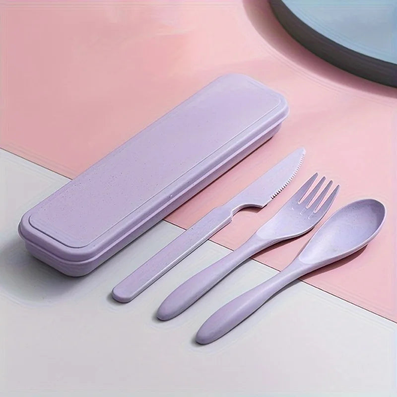 3pcs Outdoor Travel Knife, Fork, and Spoon Cutlery Set with Storage Box, Reusable Lightweight Utensils for Travel, Work, School Oasis Select PURPLE