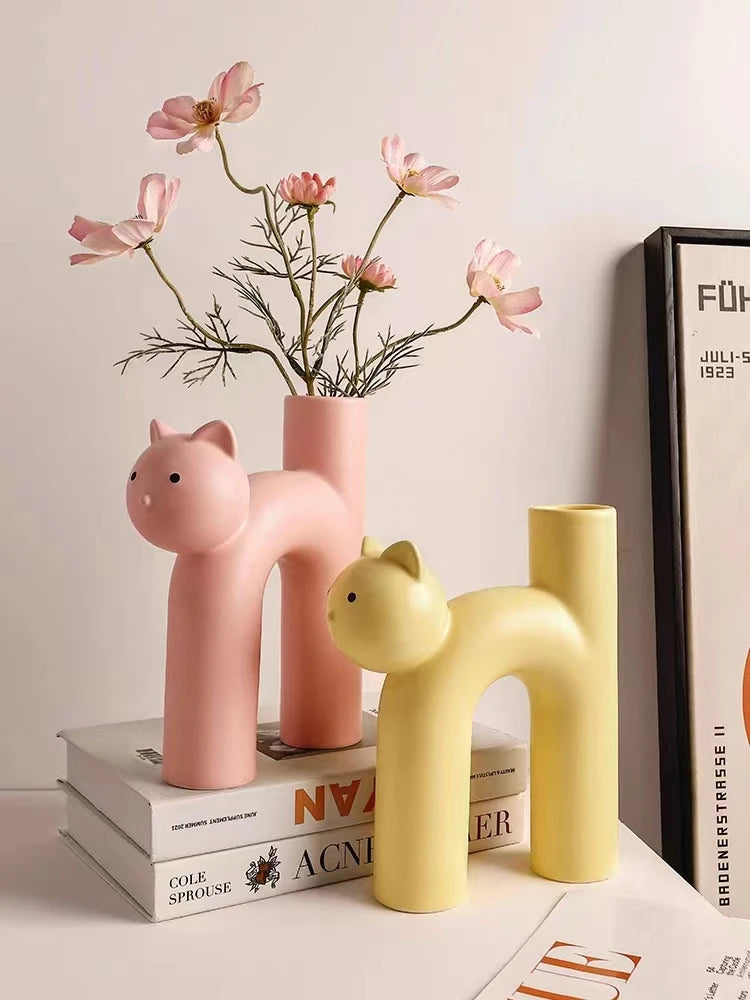 Ceramic Flower Vase Cute Tubular Kawaii Cat Vase Room Home Desktop Decoration Art Ornament Gift Flowerpot Vase Decor Oasis Select