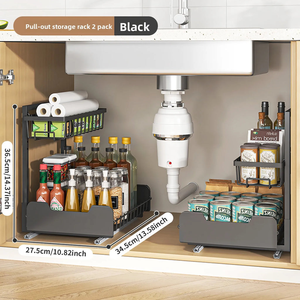 Kitchen Sink Lower Shelf Storage Pull Basket Two-way Guide Rail Bathroom Toilet Cabinet Layered Pull Basket Oasis Select 2 black