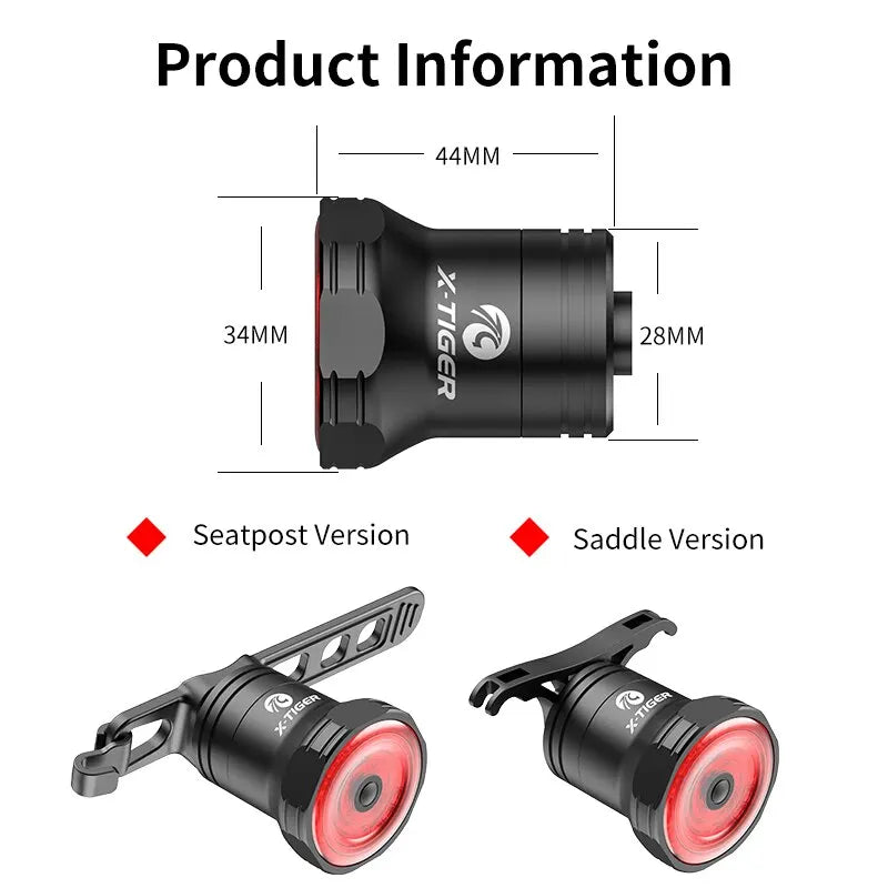 X-TIGER Bike Rear Light Smart Brake Sensing Light Bicycle Tail Light IPX6 Waterproof LED Charging Taillight Cycling Accessories Oasis Select