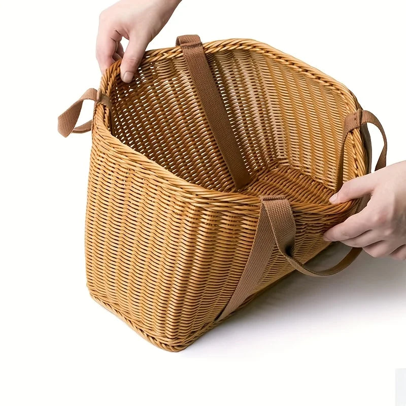 Large Handwoven Storage Basket with Lid, Foldable Woven Basket for Shopping, Picnic & Outdoor Use, Home Organization Oasis Select