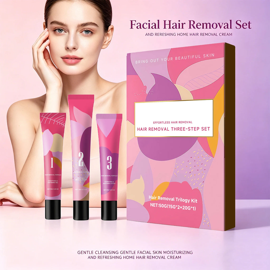 Facial Hair Removal 3-Step Set for Sensitive Skin Gentle Painless Depilatory Care Before and After Hair Removal Soothing Lotion Oasis Select