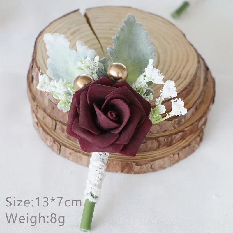 Boutonnieres Flowers Artificial White Roses Silk Ivory Corsage Buttonhole Groomsmen Boutonniere for Men Wedding Accessories Oasis Select Wine Red