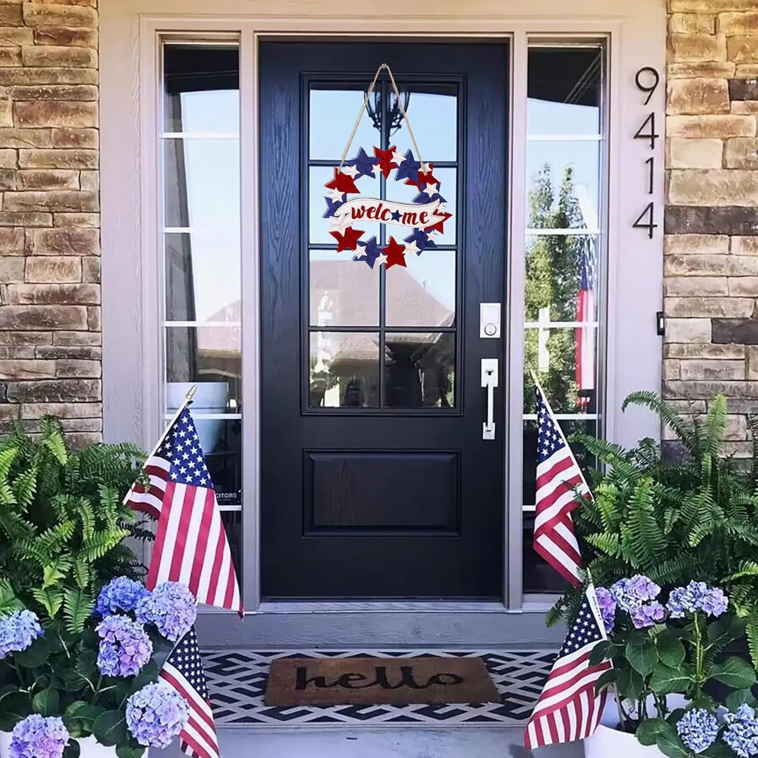 Independence Day Wooden Front Door Welcome Star Garland - Wooden Red, White and Blue Star Sign Door Plate Decoration Oasis Select