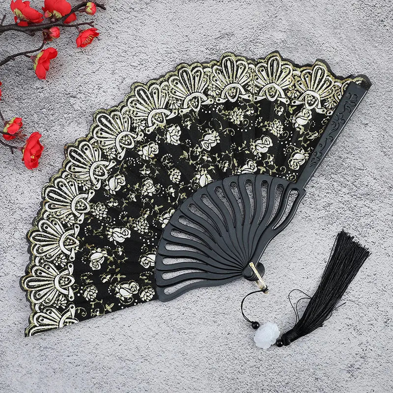 Little Flower Rose Folding Fan Ancient Style Held Dance Fans Party Wedding Prom Dancing Summer Fan Accessories Oasis Select