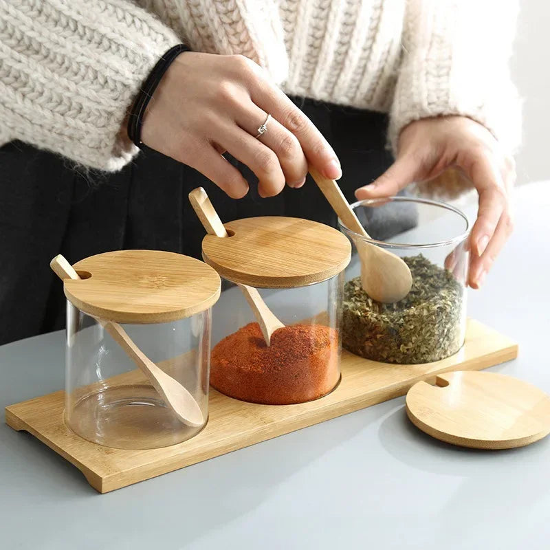 Kitchen Glass Condiment Jars Set Clear Spice Salt Container with Tray Coffee Beans Organizer Bottle Dust-Proof Seasoning Bottle Oasis Select