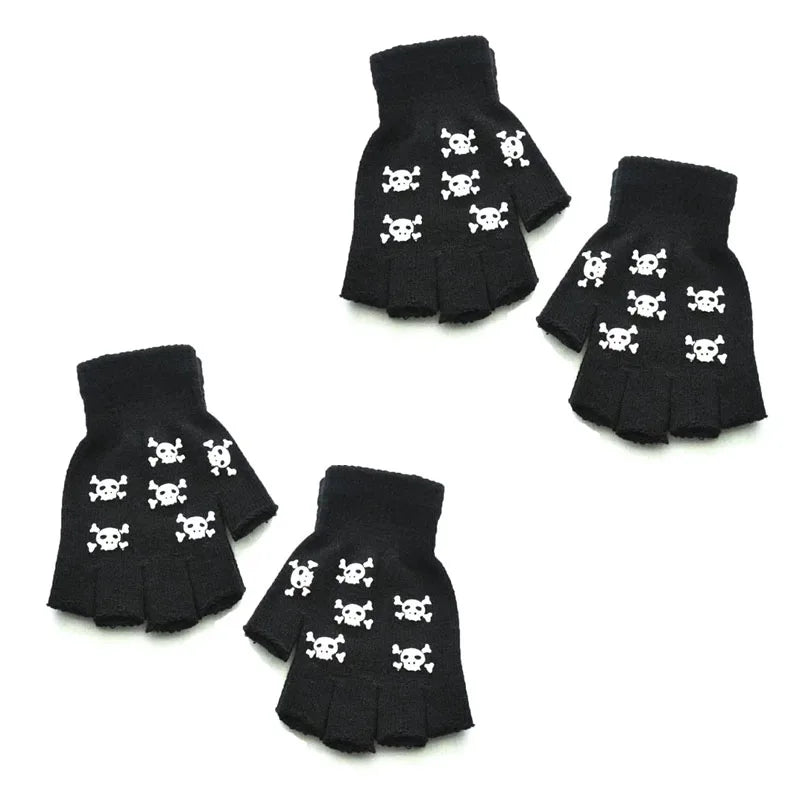 1/2/3/4pairs Adult Kids Halloween Skull Half-Finger Punk Gloves Winter Skull Fingerless Black Gloves Oasis Select 03-2pairs