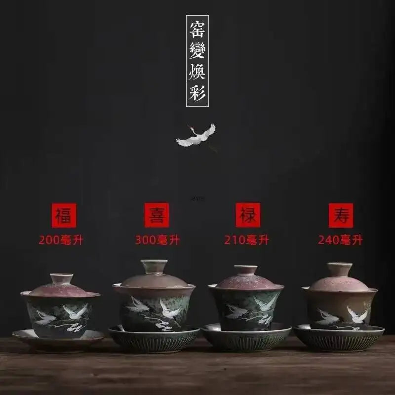 Japanese Kiln Change Color Ceramic Sancai Gaiwan Kung Fu Tea Set Household Tea Brewer Creative Crane Large Serving Tea Bowl Oasis Select