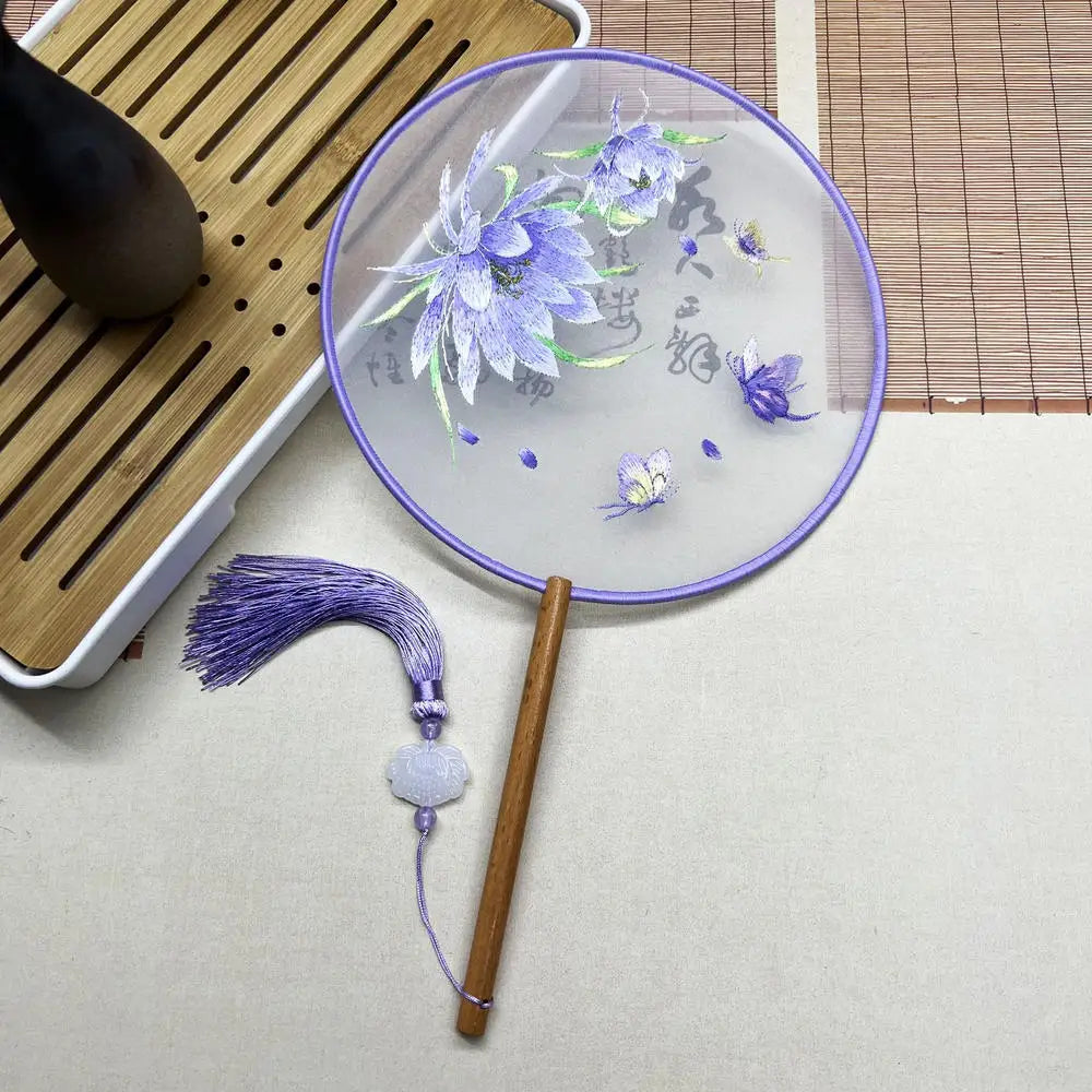 China Fan Wholesale Semi-Transparent Long Handle Tassel Dance Fan Female Costume Hanfu Cheongsam Embroidery Small Round Fan Oasis Select Purple