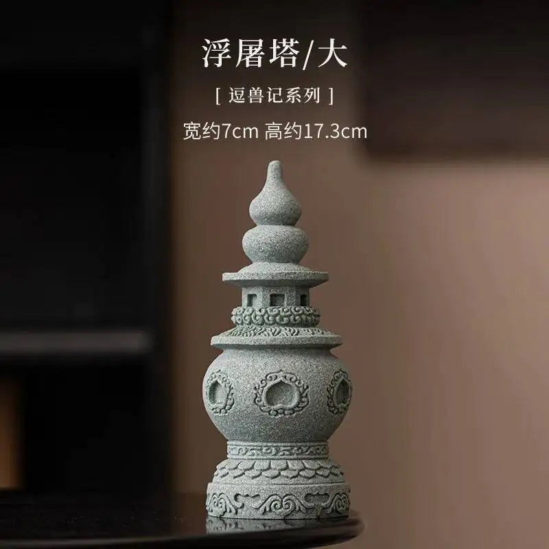 Green Sand Stone Tianshi Zhongkui Tea Pet Ornament Home Indoor Incense Holder Office Desktop Decoration Accessories Oasis Select Pagoda Tower - Large