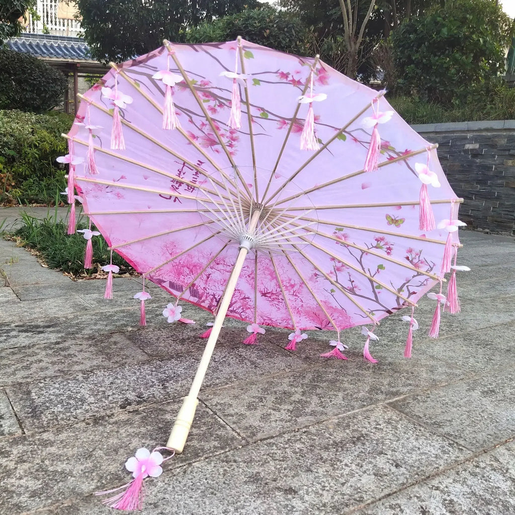 Antique Hanfu Fringe Umbrella Performance Photo Props Dance Silk Umbrella Craft Ancient Point Oiled Paper Umbrella Oasis Select Solid Wood 1 16K