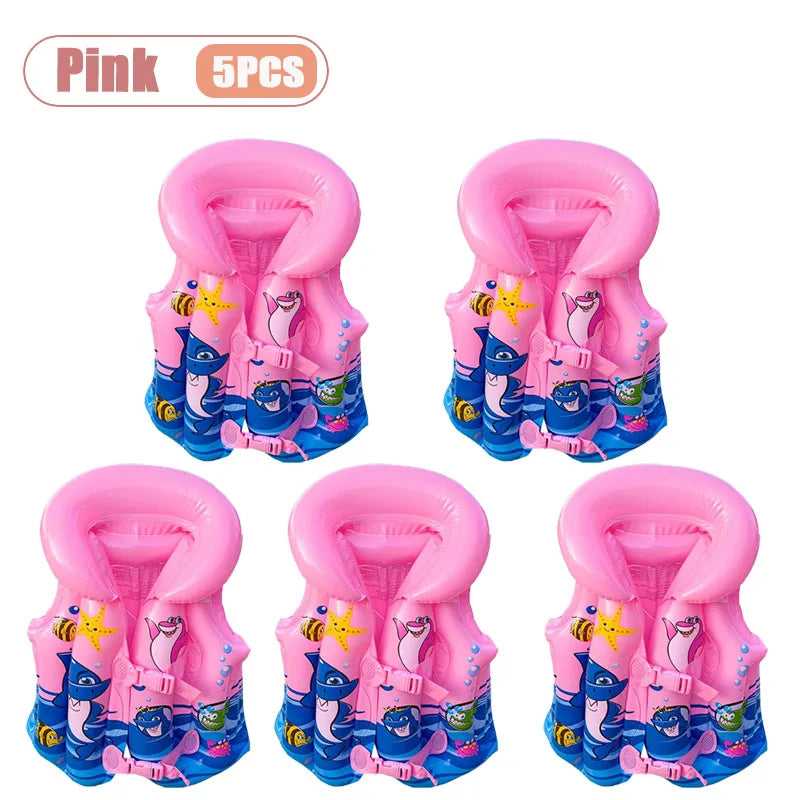 1-5PCS Thickened Kids Life Jacket Inflatable Swim Vest Toddler Floatie PVC Swimming Buoyancy Aid for Pool Beach Oasis Select Pink-5PCS XL
