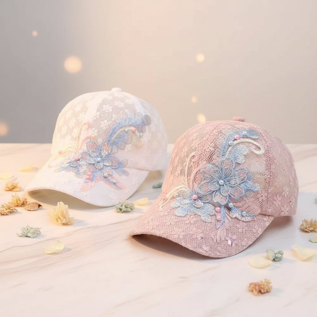 White Pink Lace Baseball Cap Embroidered Flowers Duck Tongue Breathable Baseball Cap Elegant Rebound Cap Hollow Out Baseball Cap Oasis Select