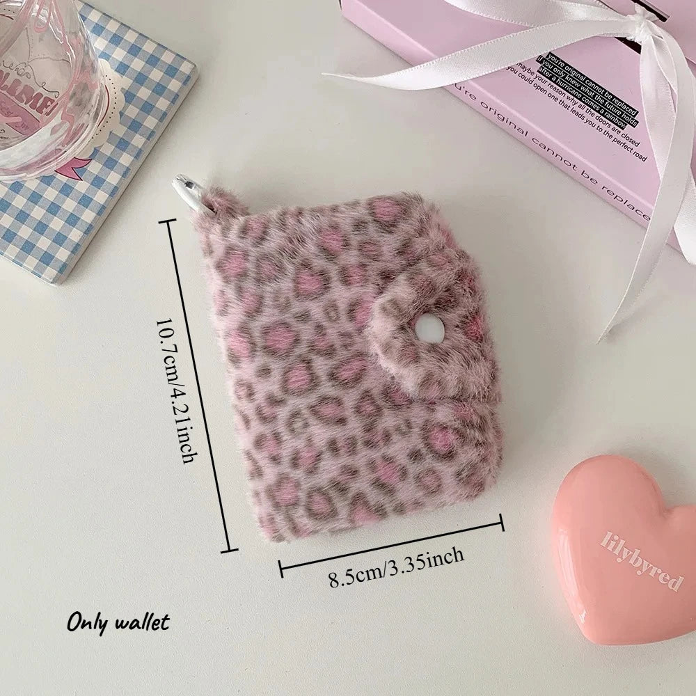 1pcs Female Leopard Print Plush Snap Button Coin Purse High-value Pendant Small Wallet Student Portable Meal Card Storage Bag Oasis Select Rose pink