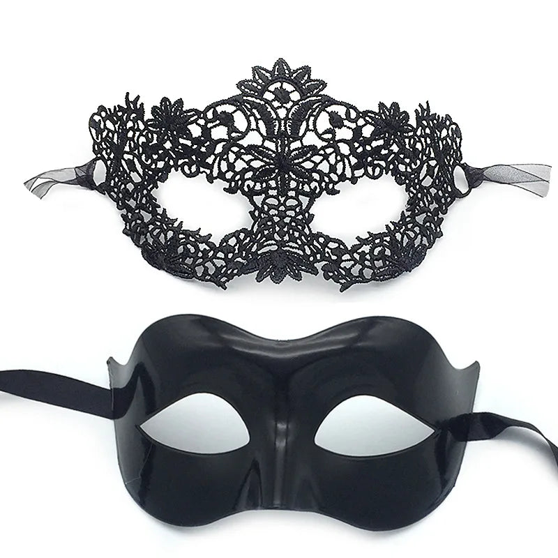 2pcs Elegant Black Lace Masquerade Mask Set for Couples Perfect for Venetian Party, Mardi Gras, and Halloween Celebrations Oasis Select Set E