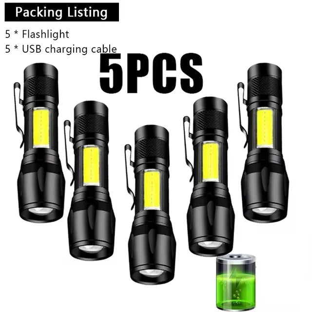 COB+XPE Mini LED Camping Flashlight Portable USB Rechargeable Torch Outdoor Zoomable Light Tactical Lantern Lamp with Pen Clip Oasis Select 5Pcs