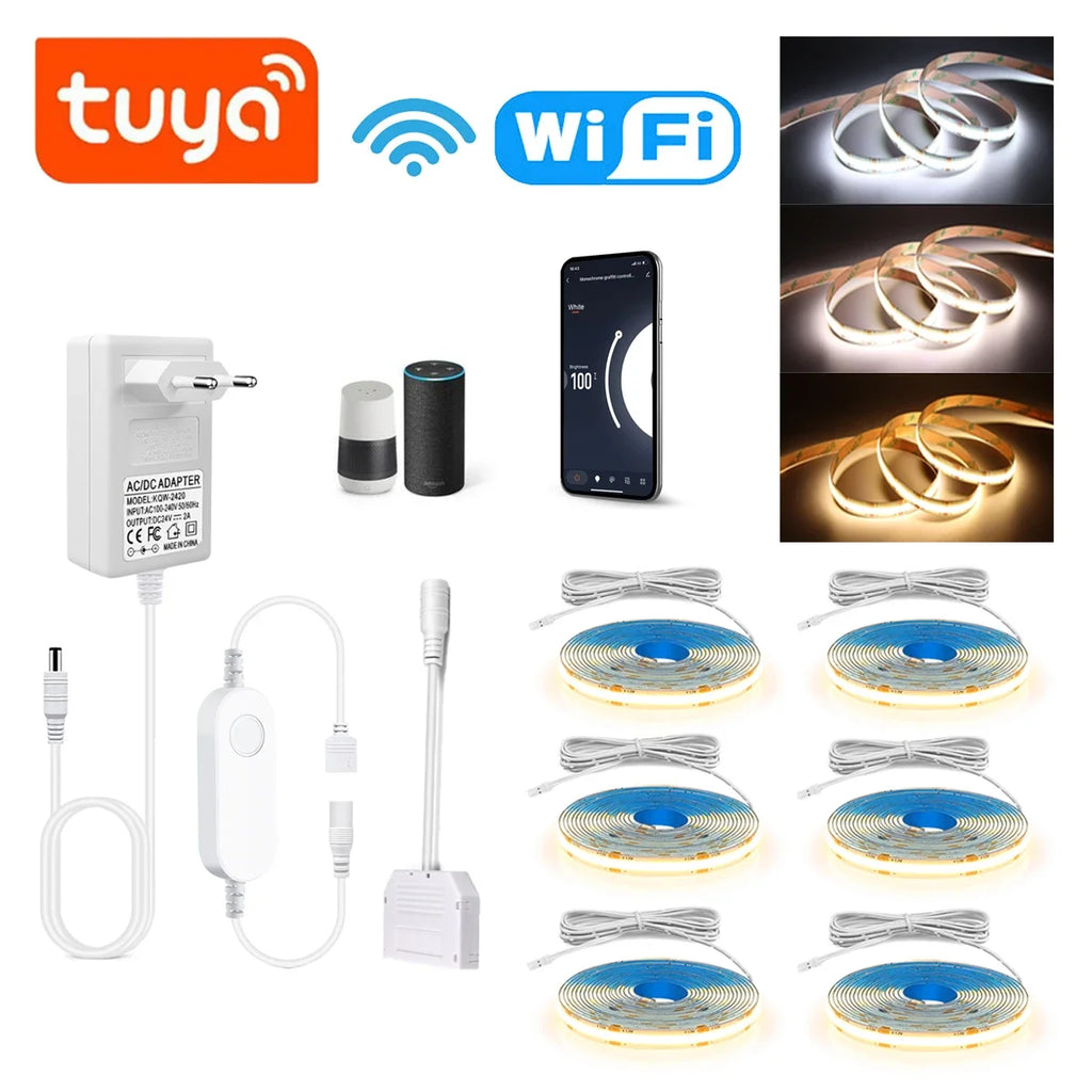 Tuya Dimmable DC12V COB LED Strip Light for Under Cabinet Kitchen Shelf Pantry Showcase Bedroom Closet WiFi Switch APP Control Oasis Select