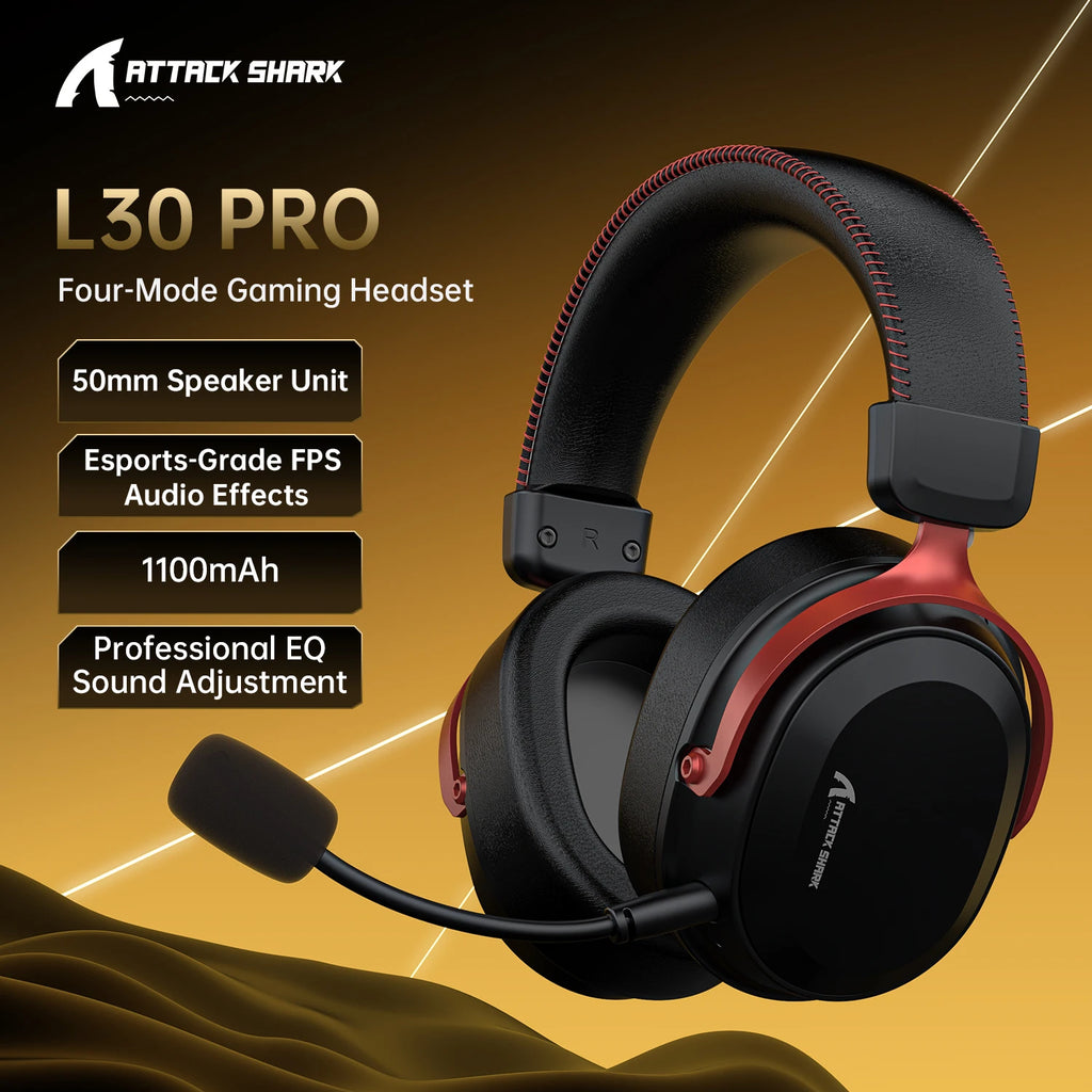 Attack Shark L30PRO 4 Mode Game Headset 2.4G Wireless BT USB 3.5mm Virtual 7.1 Surround 50mm Driver 10ms Low Latency for PC PS5 Oasis Select L30pro Blackred
