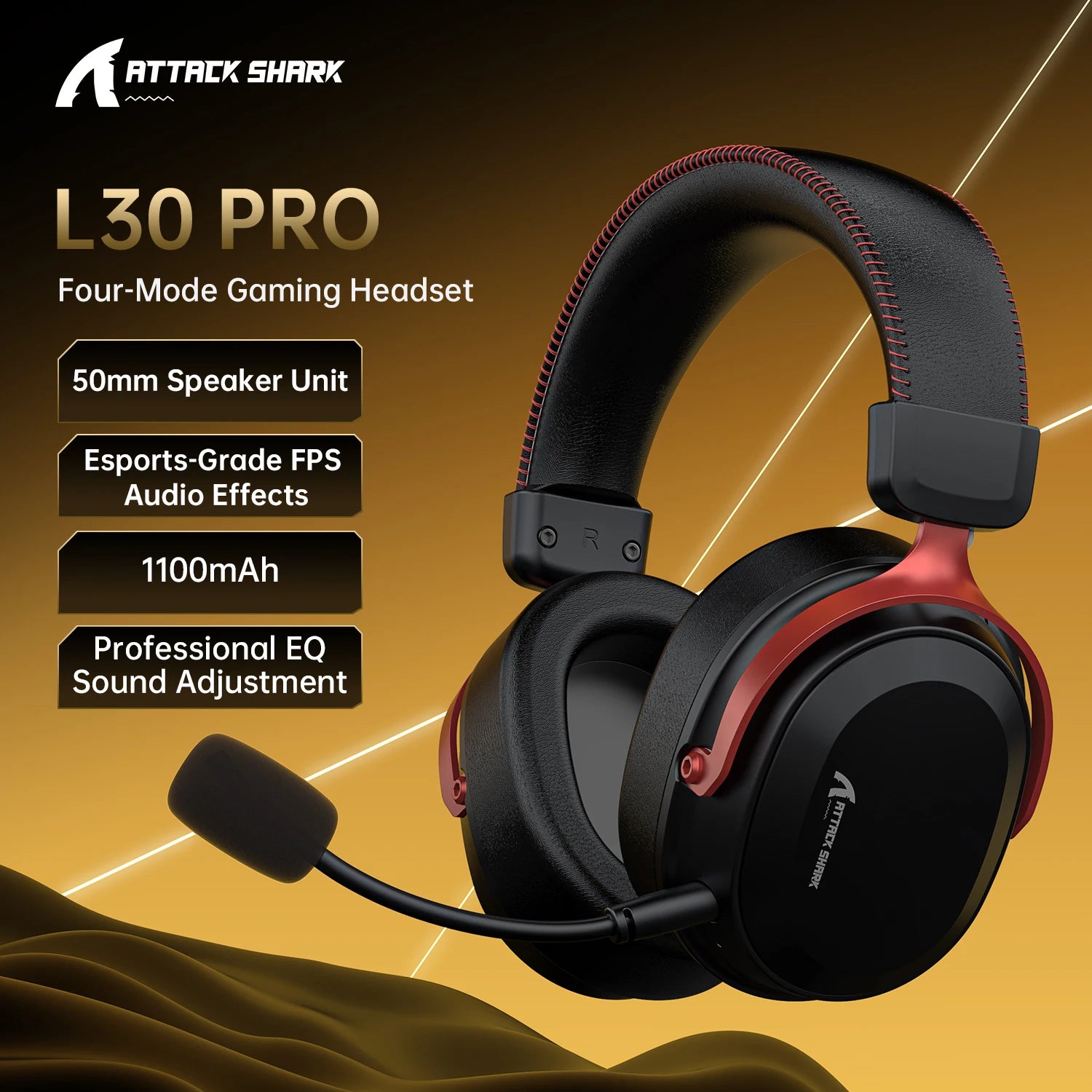 Attack Shark L30PRO 4 Mode Game Headset 2.4G Wireless BT USB 3.5mm Virtual 7.1 Surround 50mm Driver 10ms Low Latency for PC PS5 Oasis Select L30pro Blackred