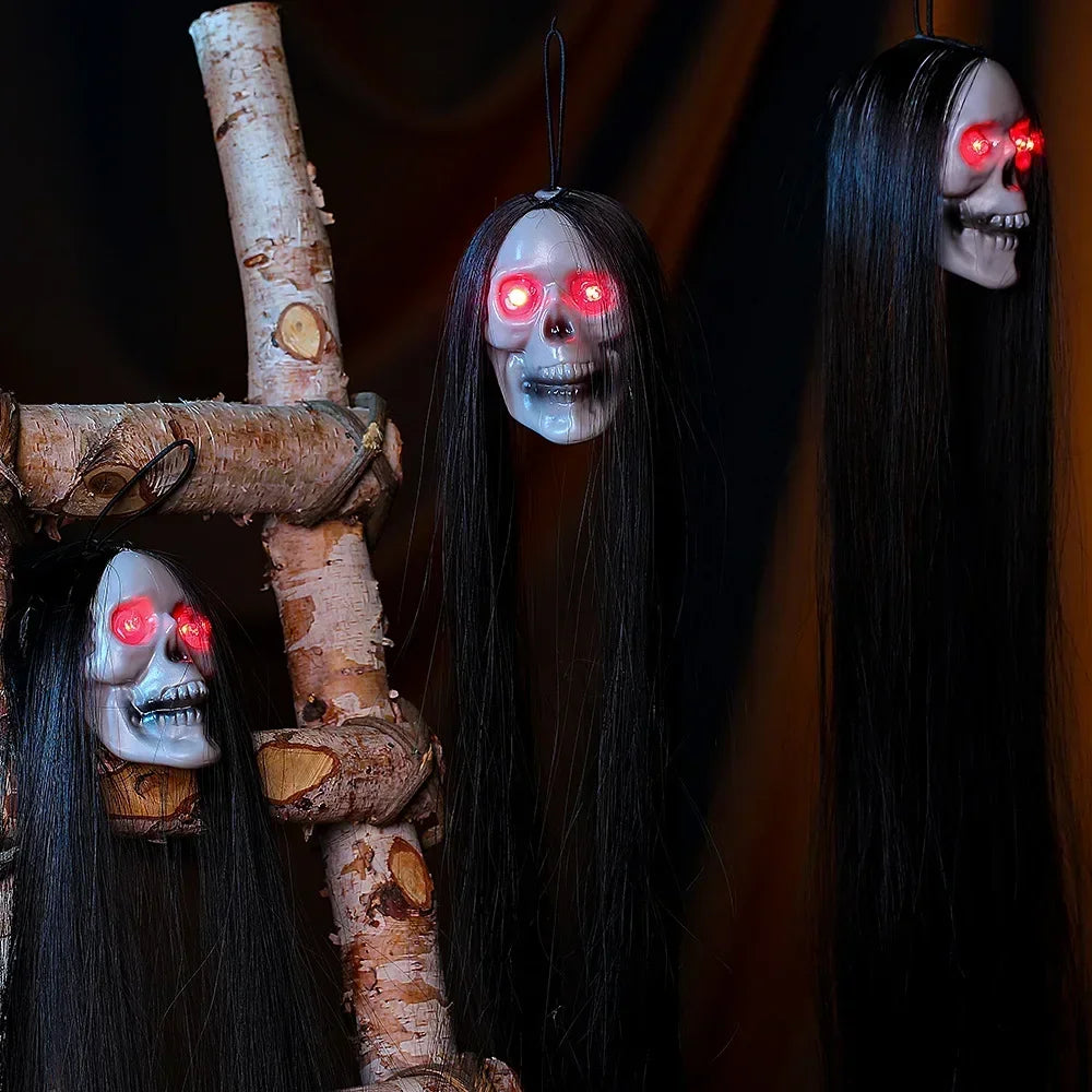 Halloween Hanging Ghost Skull with Long Hair Glowing Eyes Terror Skull Ghost House Head Skeleton Props 2024 Halloween Decoration Oasis Select