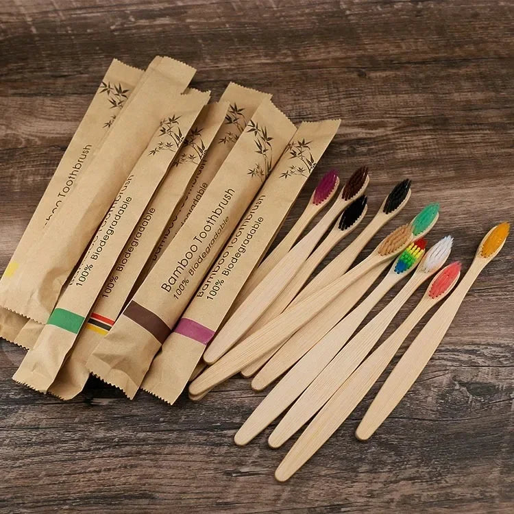 10Pcs Eco friendly toothbrush Bamboo Resuable Toothbrushes Portable Adult Wooden Soft Tooth Brush for Home Travel Hotel use Oasis Select 10pcs mixed colors