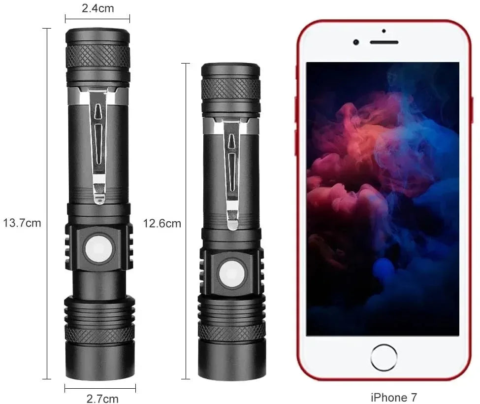Super Bright T6 Flashlight USB Rechargeable Tactical Zoom Torch Portable Pen Clip Work Lamp Outdoor Camping Fishing Flashlight Oasis Select