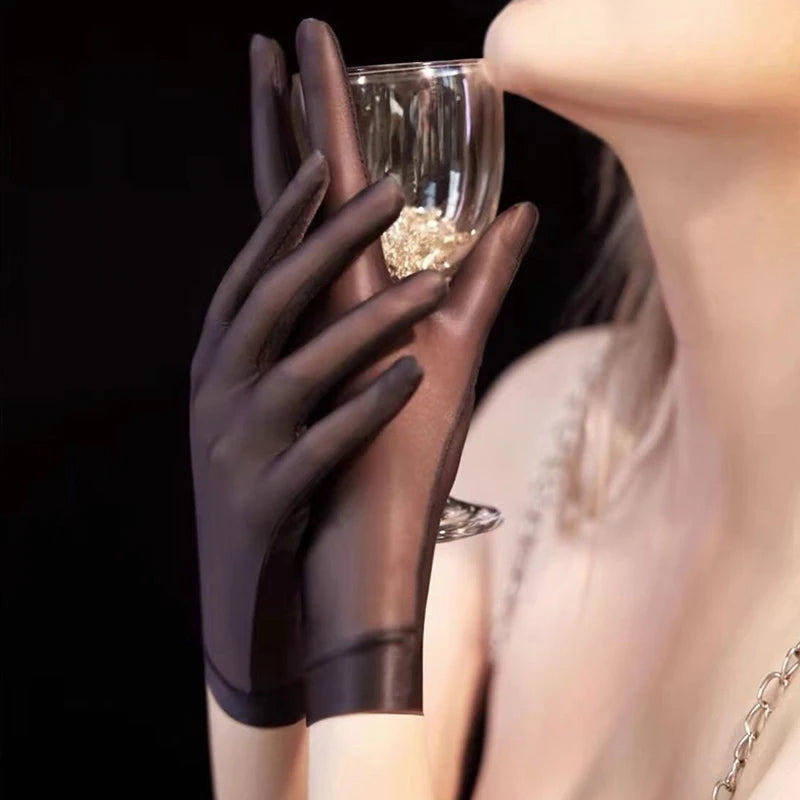 Women Oil Glossy Tight Stocking Gloves Sexy High Elastic Transparent Ultra-Thin Clubwear Short Wrist Gloves Oasis Select black round edge