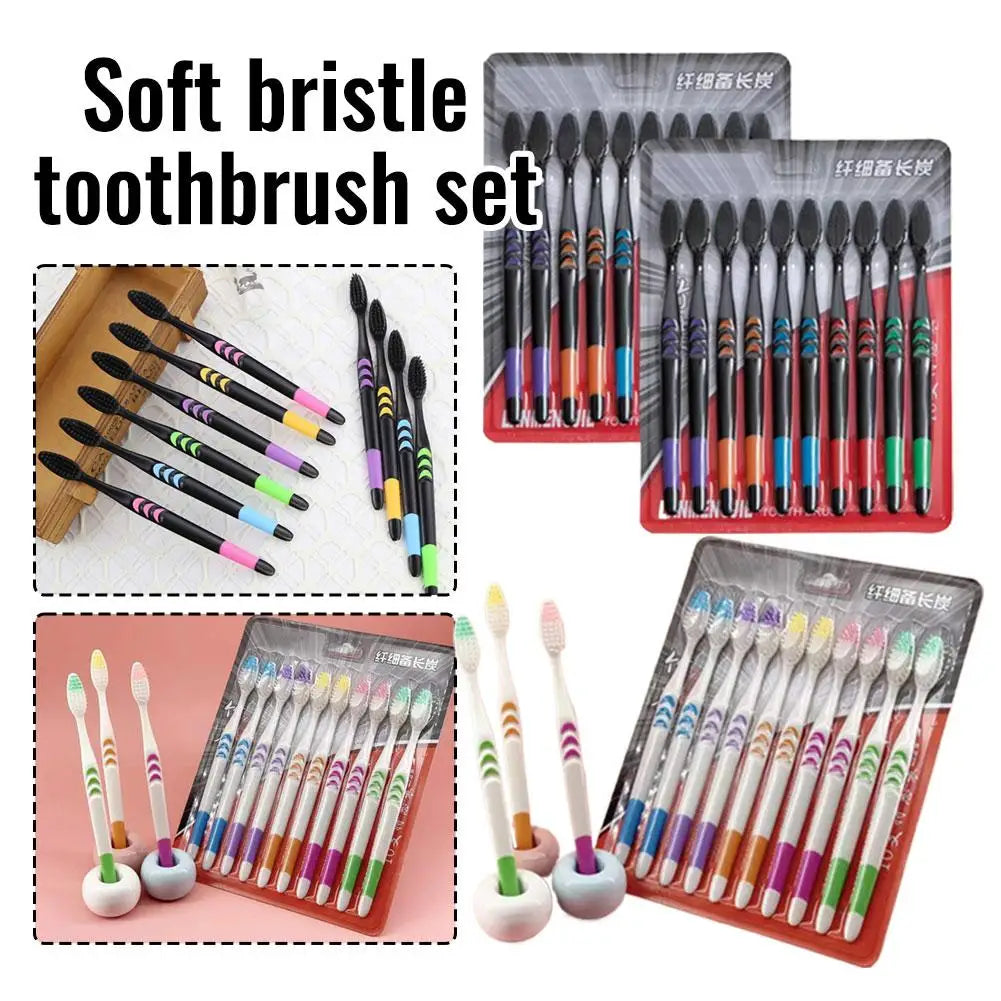 10 Pcs Disposable Household Toothbrush Bamboo Charcoal Black Hair Soft Bristle Professional Deep Oral Cleaning Supply Oasis Select